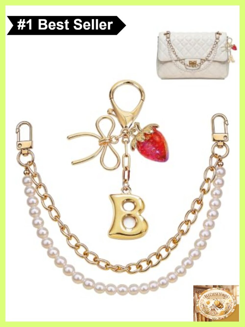 Strawberry Bag Charm Keychain Set 2 Pcs Bow Pearl Chain Alloy